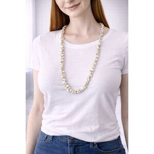Shell Necklace Long Tiny Sea Shell Beaded Pearlescent Necklace 18” Gray-tone